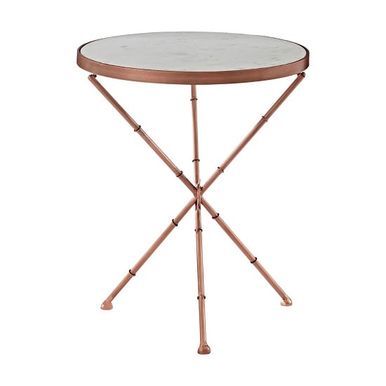 Product photograph of Maren Round White Marble Top Side Table With Cross Copper Legs from Furniture in Fashion