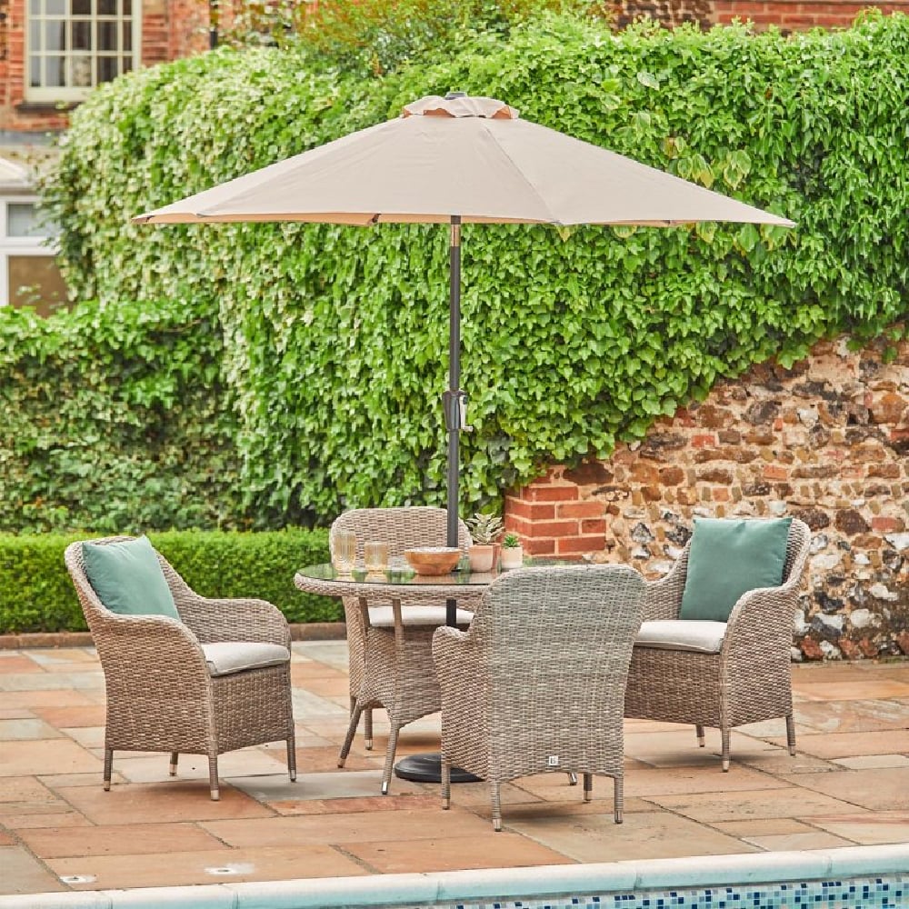 Marfa Glass Top Garden 4 Seater Dining Set With Parasol In Sand