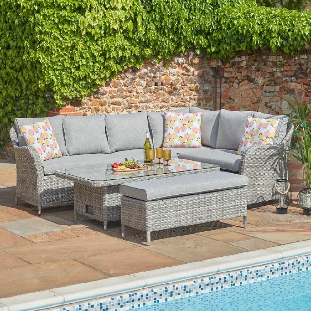 Marfa Glass Top Garden Adjustable Dining Set In Stone