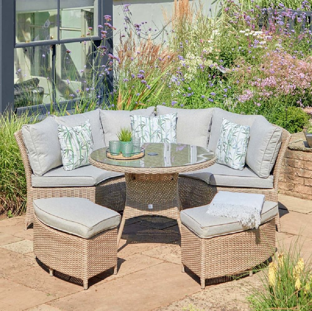 Marfa Glass Top Garden Curved Dining Set With 2 Footstools In Sand