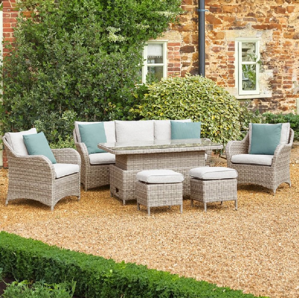 Marfa Glass Top Garden Dining Set With 2 Footstools In Sand