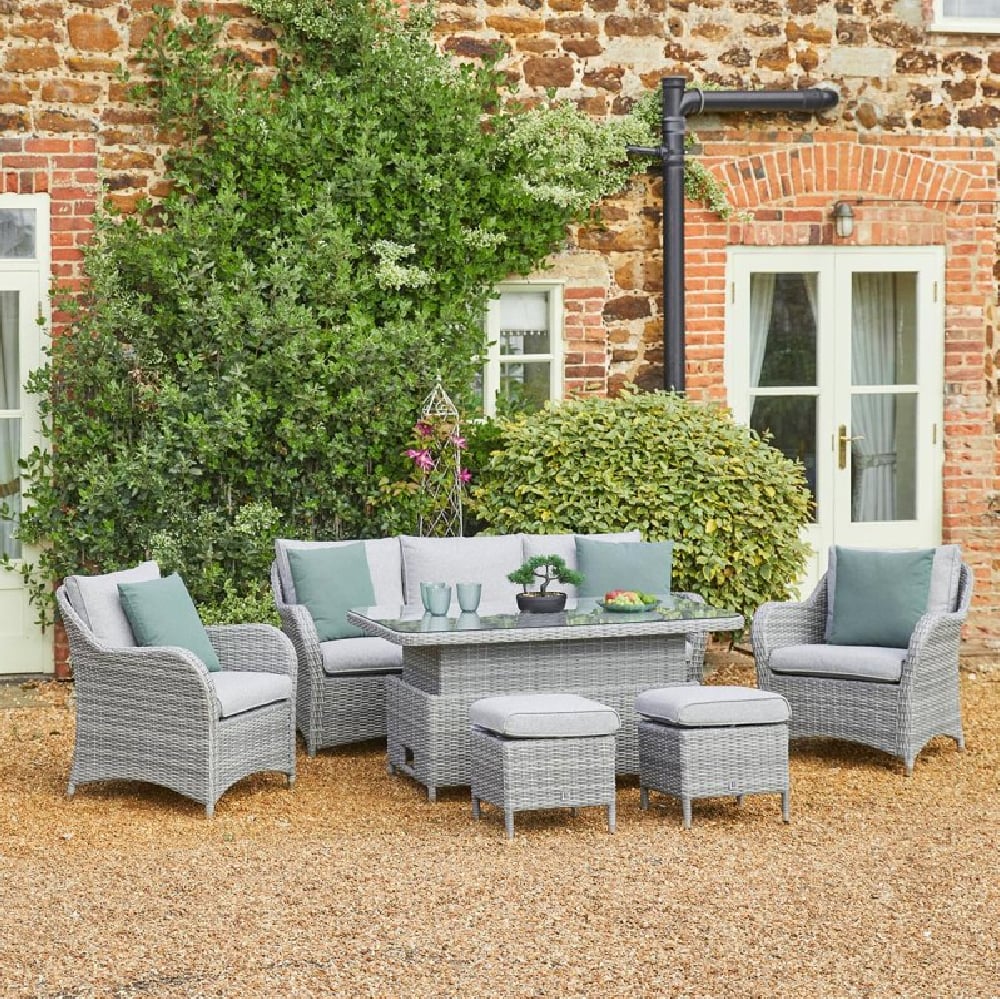 Marfa Glass Top Garden Dining Set With 2 Footstools In Stone
