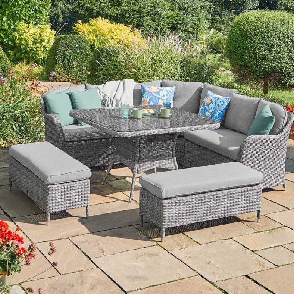 Marfa Glass Top Garden Dining Set With Cushions In Stone
