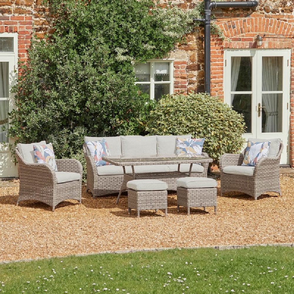Marfa Glass Top Garden Lounge Dining Set In Sand