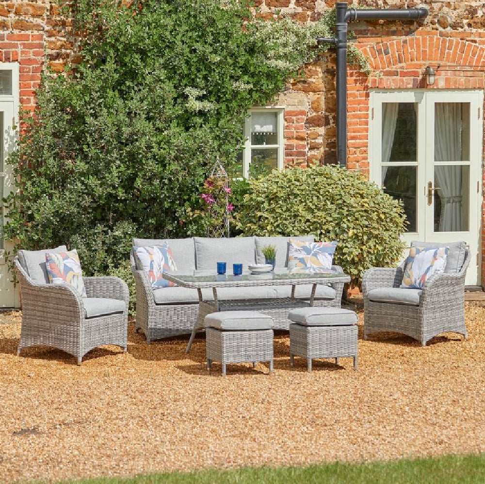 Marfa Glass Top Garden Lounge Dining Set In Stone