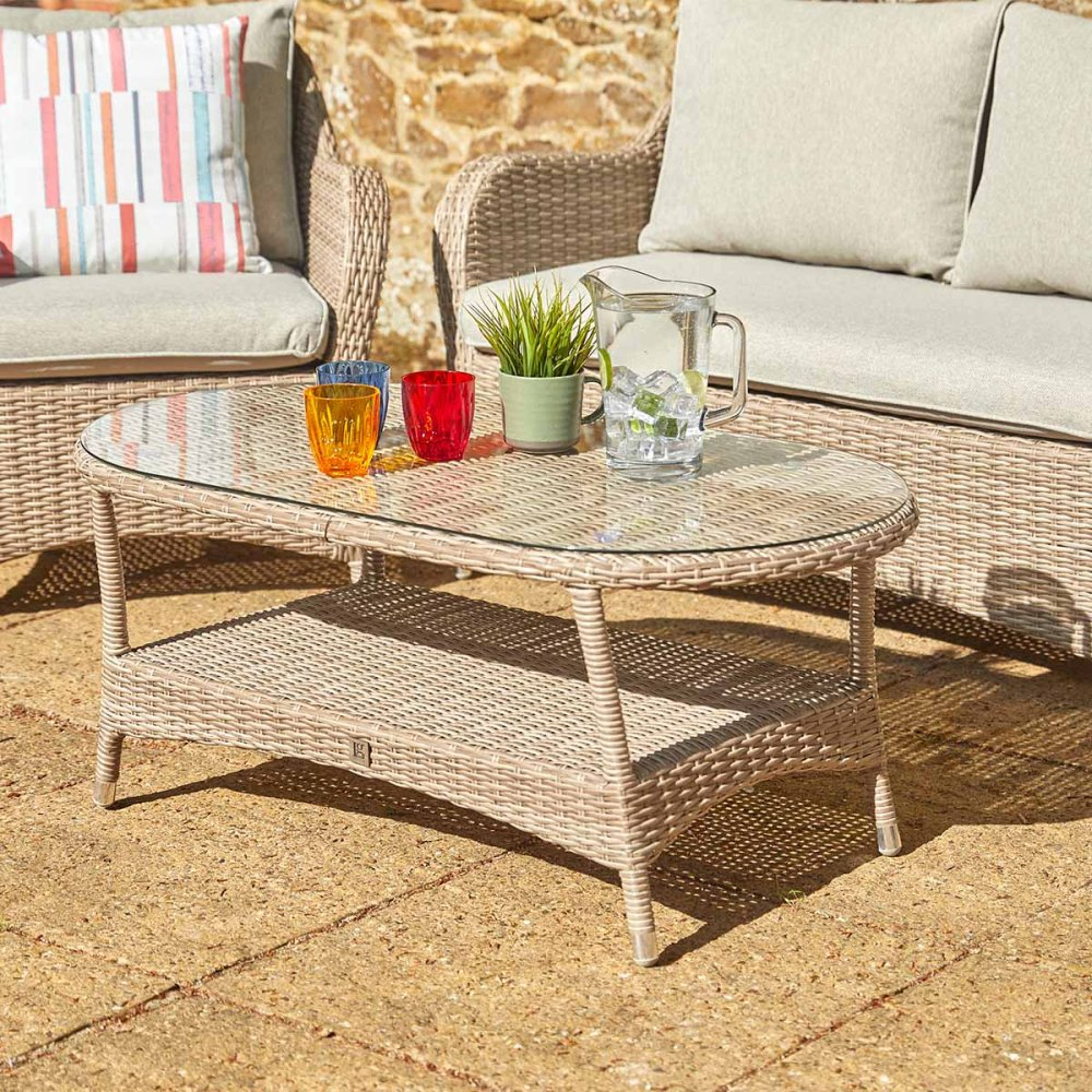 Marfa Glass Top Garden Lounge Sofa Set With Coffee Table In Sand
