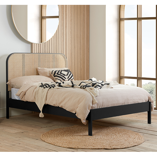 Margot Wooden Double Bed In Black With Rattan Headboard Furniture in