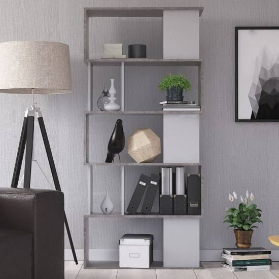 Read more about Maribor open bookcase 4 shelves in concrete effect and white