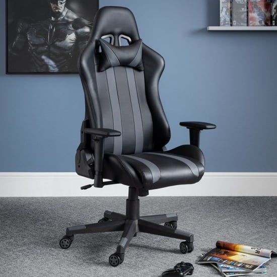 Macreae Faux Leather Gaming Chair In Black And Grey_1