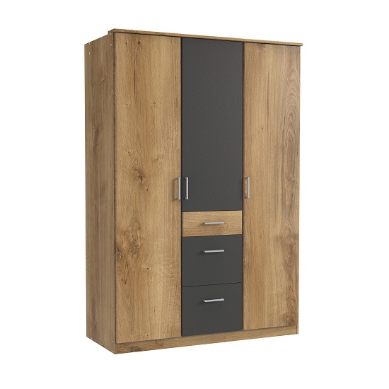 Read more about Marino wardrobe in planked oak effect and graphite with 3 doors