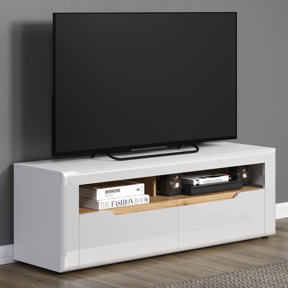 Marion White High Gloss TV Stand With 2 Drawers In Oak