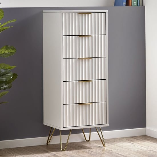 Read more about Marius tall wooden chest of 5 drawers in matt white