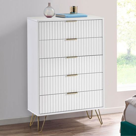 Photo of Marius wooden chest of 5 drawers in matt white