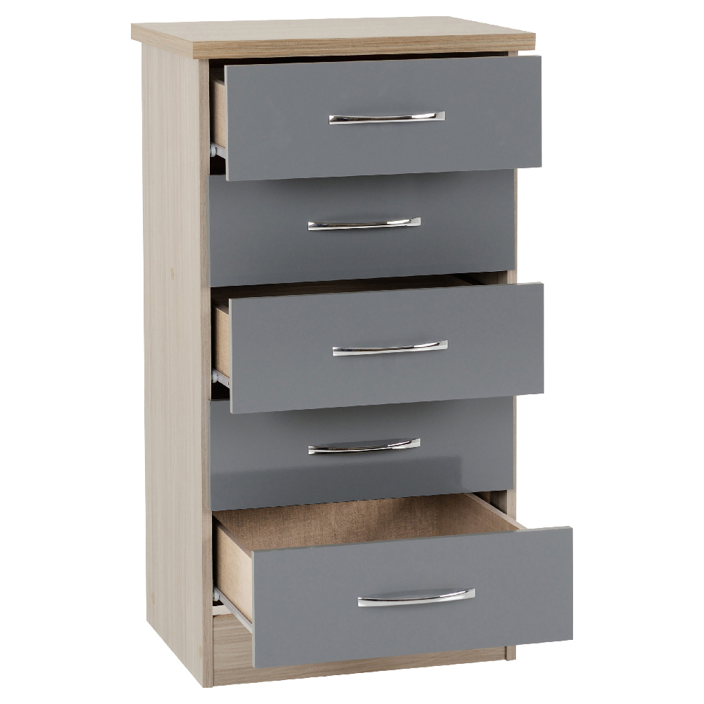 Mack Wooden Chest Of 5 Drawers With Grey Gloss Front In Oak