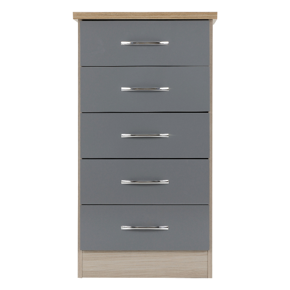 Mack Wooden Chest Of 5 Drawers With Grey Gloss Front In Oak