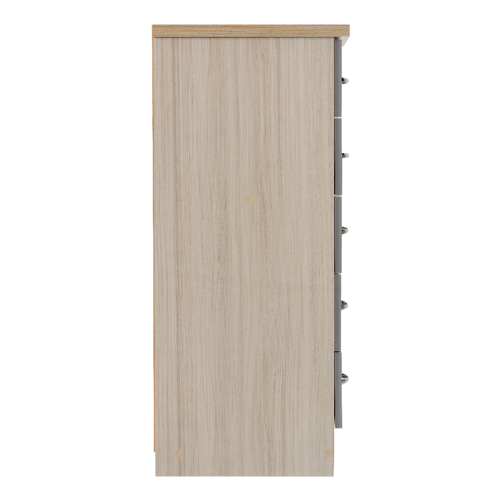 Mack Wooden Chest Of 5 Drawers With Grey Gloss Front In Oak
