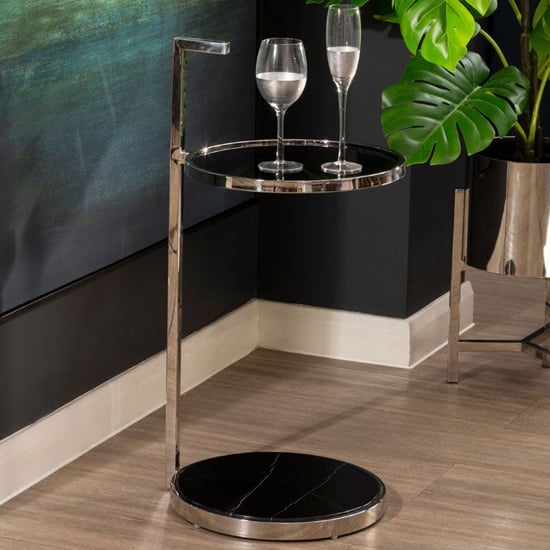 Photo of Markeb black glass top end table with silver steel frame