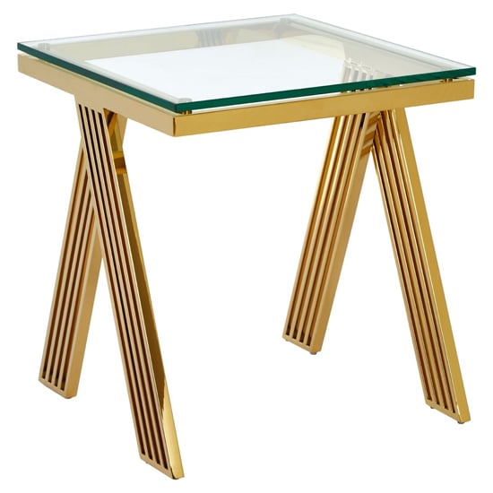 Product photograph of Markeb Square Clear Glass Top End Table With Gold Steel Frame from Furniture in Fashion