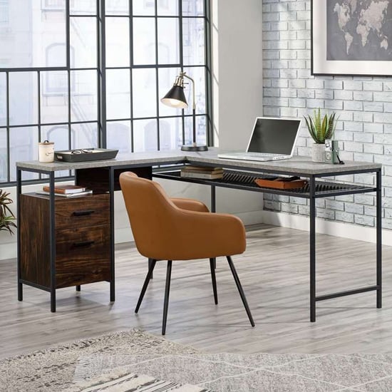 Photo of Market l-shaped computer desk in rich walnut and slate grey