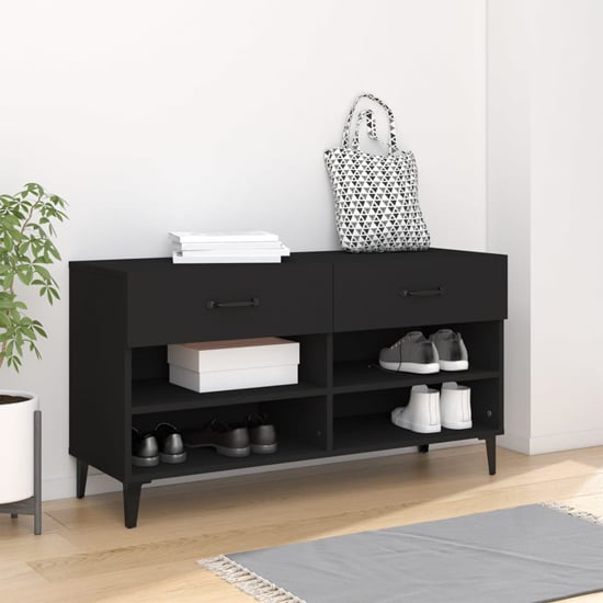 Photo of Marla wooden shoe storage bench with 2 drawers in black