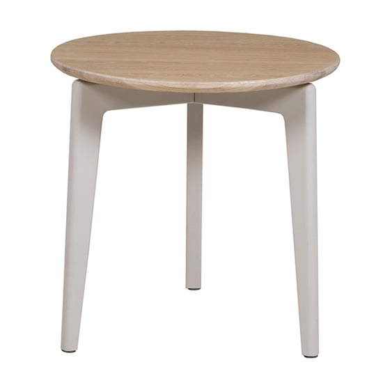 Read more about Marlon round wooden lamp table in oak and taupe