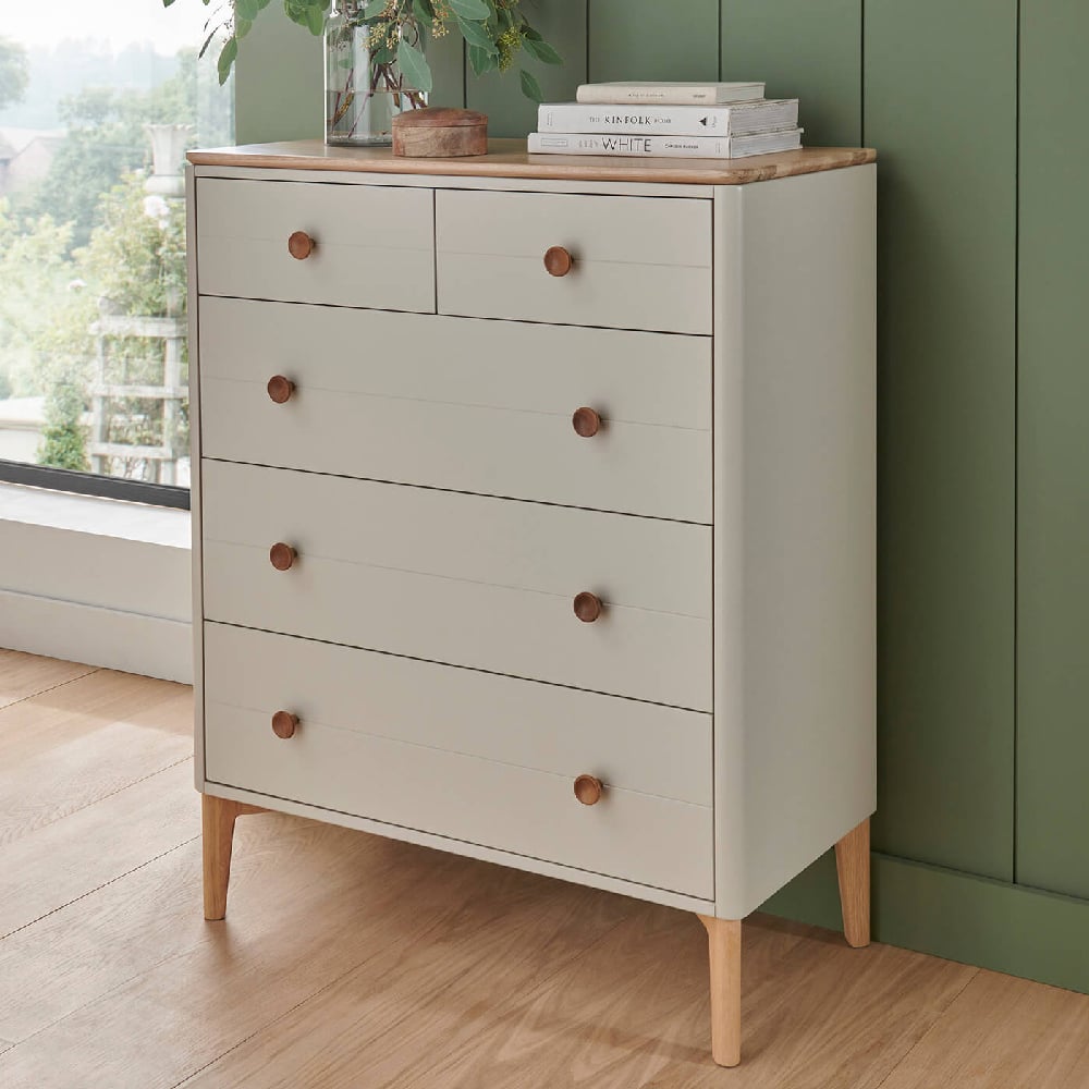 Read more about Mainz wooden chest of 5 drawers in taupe