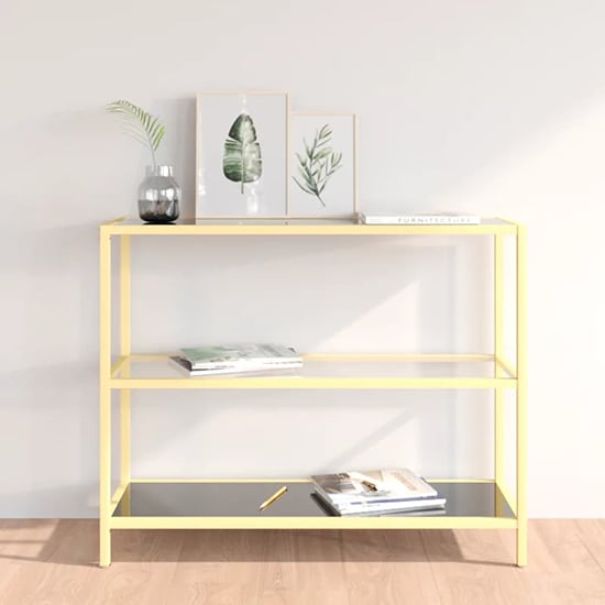 Read more about Marrim black glass console table with gold metal frame