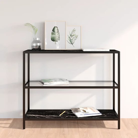 Photo of Marrim black marble effect glass console table with black frame