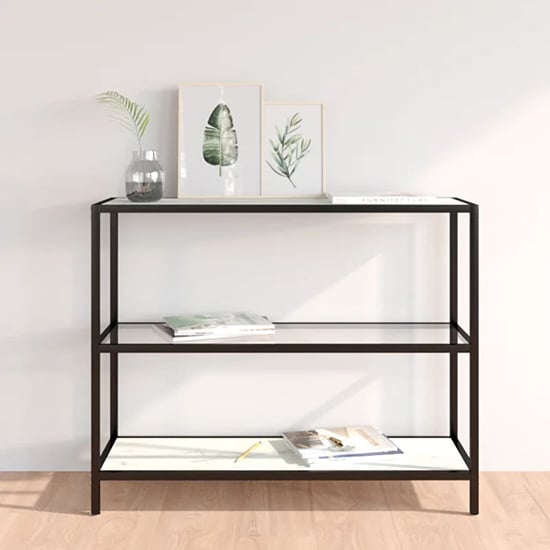 Product photograph of Marrim White Marble Effect Glass Console Table With Black Frame from Furniture in Fashion