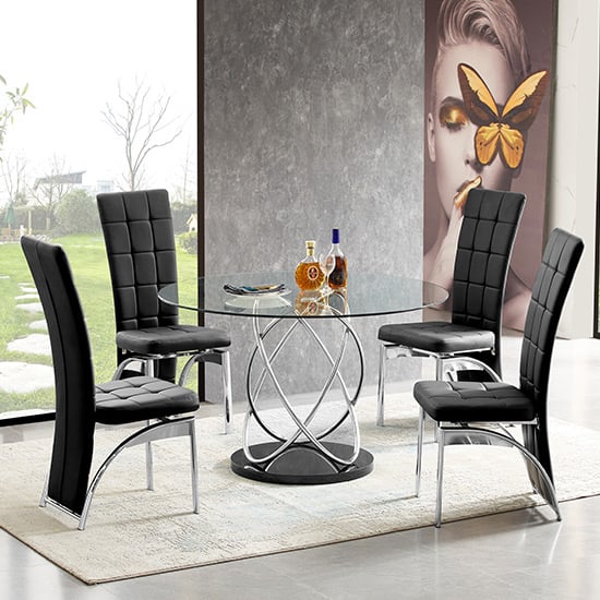 Marseille Clear Glass Dining Table With 4 Ravenna Black Chairs