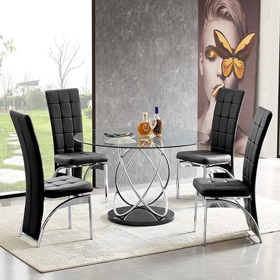 Photo of Marseille clear glass dining table with 4 ravenna black chairs