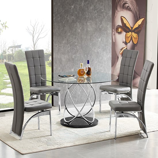 Marseille Clear Glass Dining Table With 4 Ravenna Grey Chairs