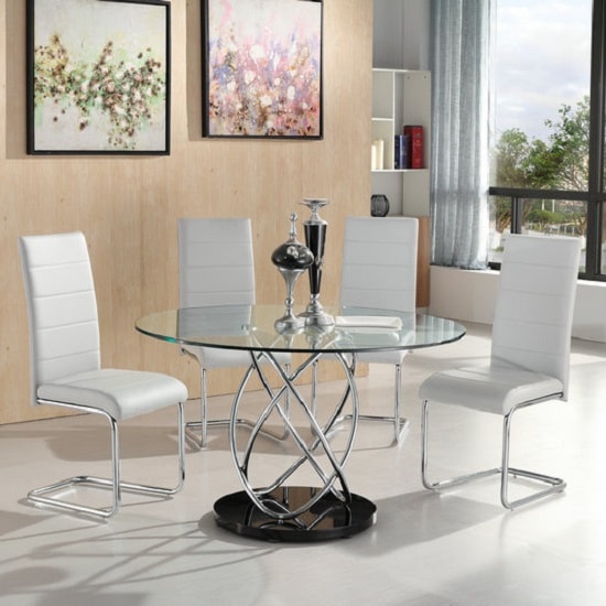 Read more about Marseille glass dining table with 4 daryl white dining chairs