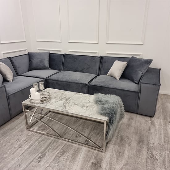 Marsett Velvet Corner Sofa In Steel
