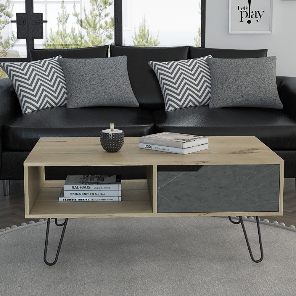 Read more about Marsett wooden coffee table with 1 drawer in oak and grey
