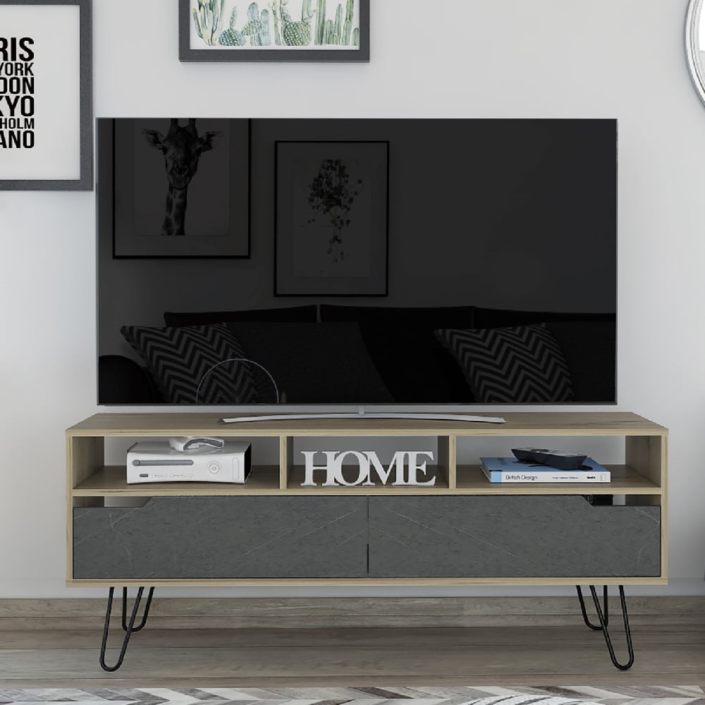 Read more about Marsett wooden tv stand with 2 drawers in oak and grey