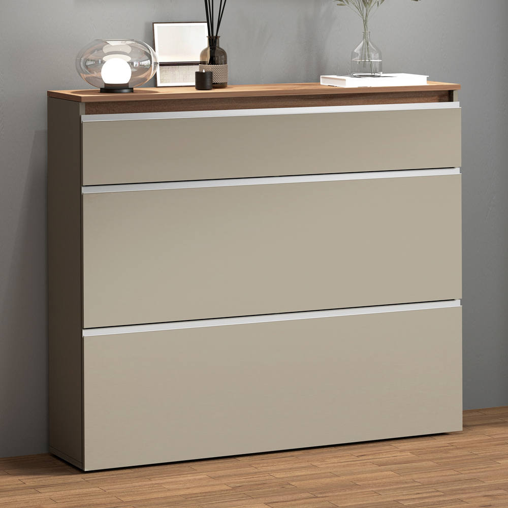 Marshall 120cm Wooden Shoe Cabinet With 2 Flap Doors In Taupe And Oak