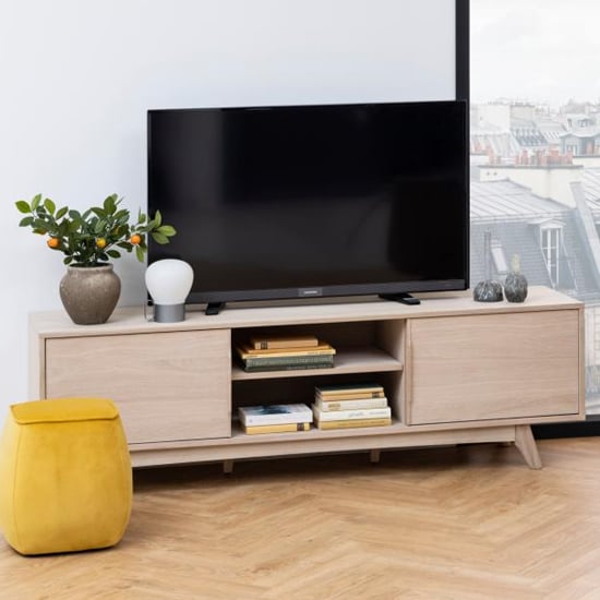 Photo of Marta wooden tv stand with 2 sliding doors in oak white