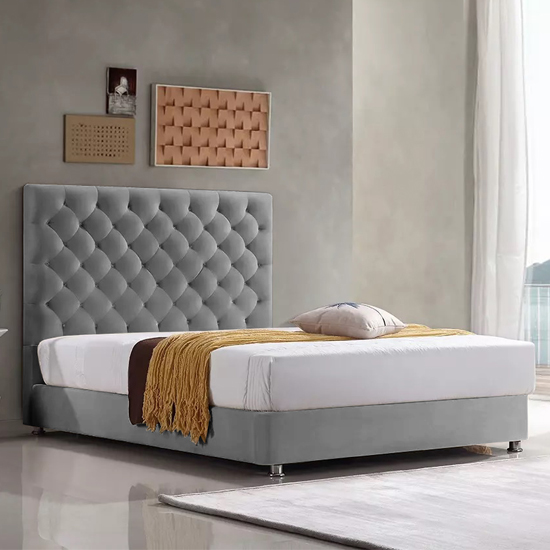 Martinsburg Plush Velvet Upholstered Double Bed In Grey