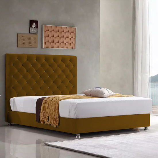 Photo of Martinsburg plush velvet upholstered double bed in mustard