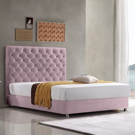 Martinsburg Plush Velvet Upholstered Double Bed In Pink