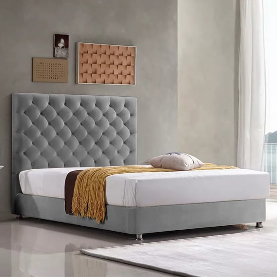 Photo of Martinsburg plush velvet upholstered small double bed in grey