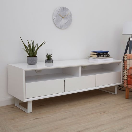 Photo of Martos high gloss tv stand with 3 drawers in white