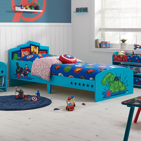 Read more about Marvel avengers wooden childrens single bed in blue