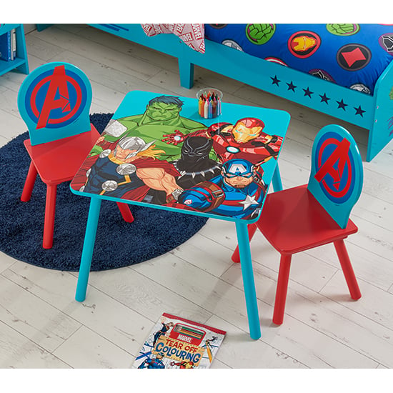 Read more about Marvel avengers wooden childrens table and 2 chairs in blue
