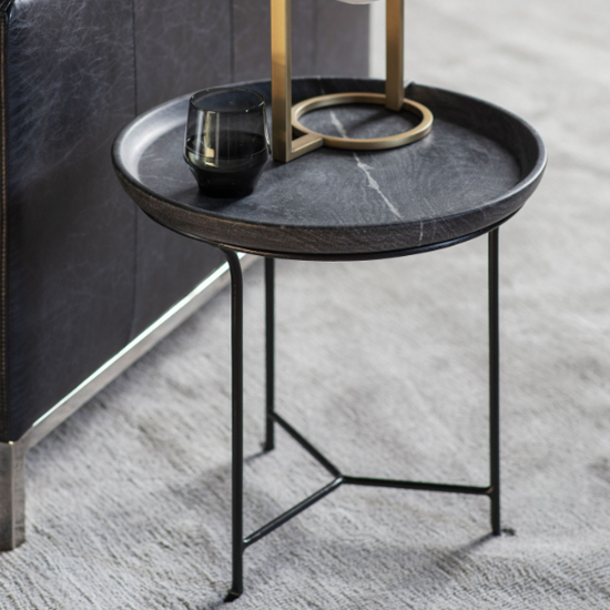 Read more about Marviko round grey marble side table with metal frame in black