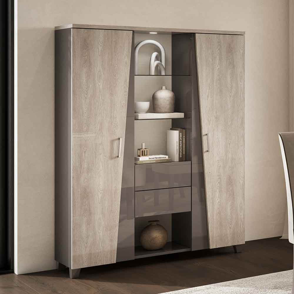Marvix Grey High Gloss Display Cabinet with LED Lighting and 2 Doors 2 Drawers