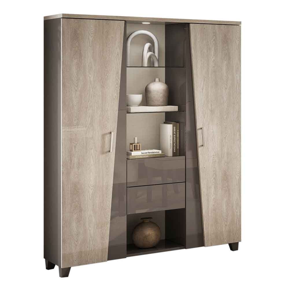 Marvix Grey High Gloss Display Cabinet with LED Lighting and 2 Doors 2 Drawers