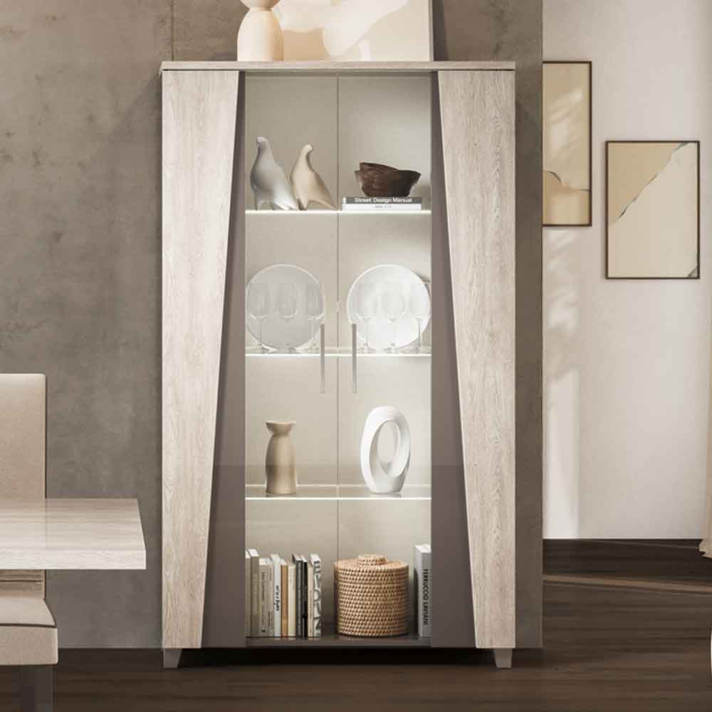 Marvix Grey High Gloss Display Cabinet With Led Lighting And 2 Doors