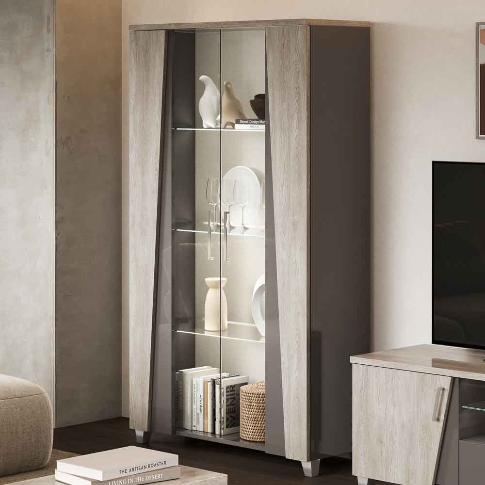 Marvix Grey High Gloss Display Cabinet with LED Lighting and 2 Doors